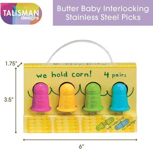 Vista 2 de Talisman Designs Butter Baby Púas de acero inoxidable entrelazadas Multicolor Maíz en la mazorca, utensilios Soportes para maíz Brochetas