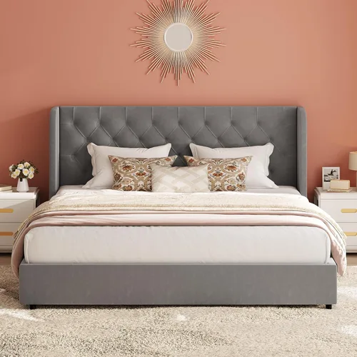 Vista 7 de HOMBCK - Marco de cama tamaño completo, base de cama tapizada en plataforma gris con cabecero, terciopelo acolchado, diseño de ala curvada, listones