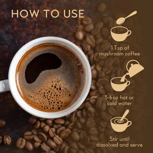 Vista 6 de Café instantáneo sin cafeína con hongos, suplemento de 14 hongos, 80 porciones grandes Mane de León, Reishi, Chaga, Cordyceps, Shiitake Energía
