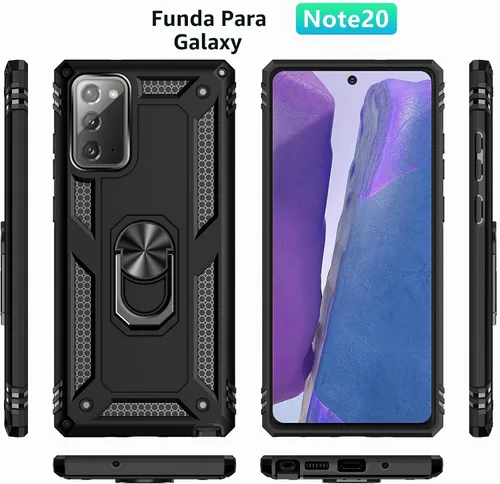 Vista 4 de Funda para Samsung Galaxy Note 20, Note20 5G con protectores de pantalla HD, soporte de anillo de metal de grado militar Androgate con soporte de 15