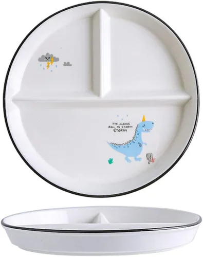 Vista 9 de 1 pieza de plato de porcelana con control de porción de dinosaurio, plato dividido para una alimentación racional, plato de postre dividido, plato