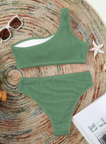 Vista 6 de Astylish Bikini de dos piezas para mujer, traje de baño con un hombro y corte alto