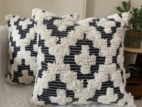 Vista 8 de Juego de 2 fundas de almohada bohemias para sofá, 18 x 18 y 20 x 20 pulgadas, de algodón, tejidas a mano, copetudas, fundas de almohada decorativas
