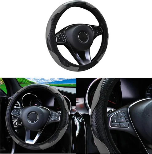 Vista 14 de Funda de volante de coche, 38 cm, de fibra de carbono, de microfibra, de PU, de cuero elástico, protector de volante antideslizante y transpirable