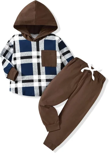 Vista 12 de Conjunto de ropa de niños pequeños con capucha y sudadera a cuadros de manga larga para otoño e invierno Esqueleto negro