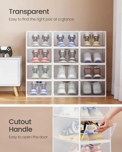 Vista 5 de SONGMICS Cajas de zapatos, organizador de almacenamiento de zapatos para armario, caja apilable de plástico para tenis, paquete de 12, transparente