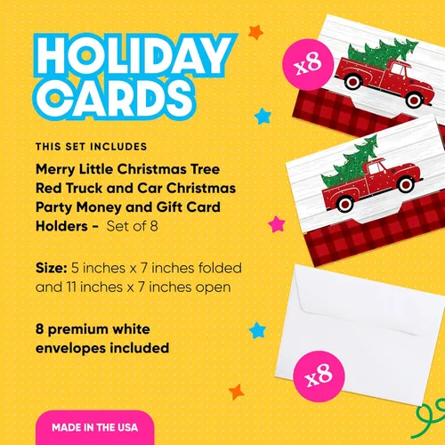 Vista 2 de Big Dot of Happiness Merry Little Christmas Tree – Juego de 8 portatarjetas de regalo y dinero para fiestas de Navidad para camión rojo y coche
