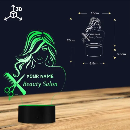 Vista 7 de The Geeky Days Salón de belleza 3D LED noche luz peluquería peluquería tijeras peine mesa escritorio lámpara nombre personalizado diseño moderno