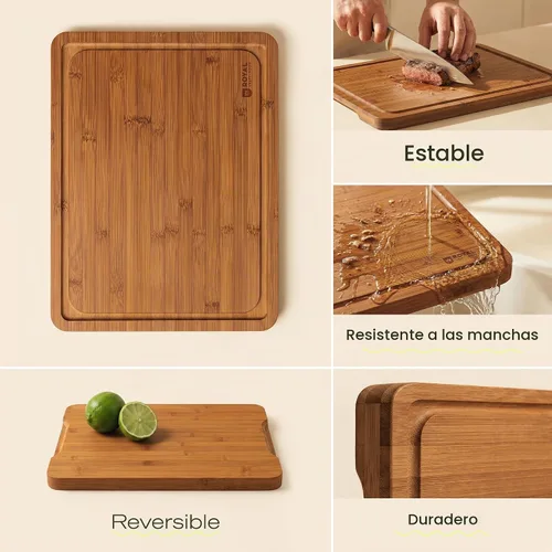 Vista 3 de ROYAL CRAFT WOOD Tabla de cortar de madera, tablas de cortar de bambú con ranura para jugo, tabla de cortar de cocina para carne, queso y verduras