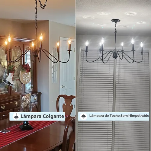 Vista 7 de Candelabro negro, 6 luces rústicas industriales de hierro para comedor, accesorios de iluminación colgantes, velas colgantes, pasillo, sala