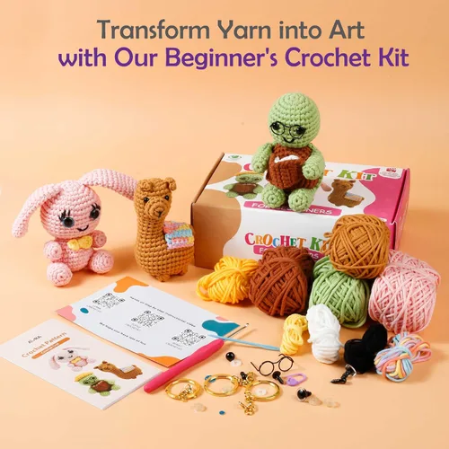 Vista 3 de Kit de ganchillo para aprender A-URA para principiantes niños y adultos, kits de ganchillo premium de 3 patrones de animales de gran