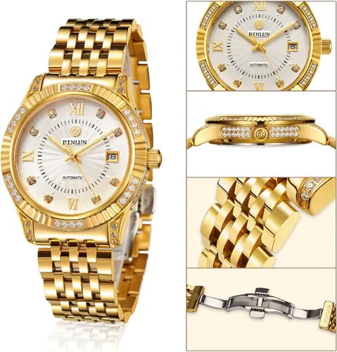 Vista 29 de BINLUN Reloj de pulsera para hombre, mecánico automático, reloj dorado con cuerda automática, elegante, chapado en oro de 18 quilates, relojes