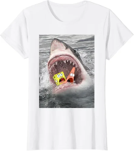Vista 14 de Camiseta divertida de Bob Esponja con diseño de tiburón y ataque de tiburón para hombres y mujeres Negro