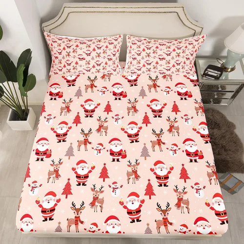 Vista 10 de Juego de sábanas con diseño de Papá Noel y muñeco de nieve para niños, niñas y niños, de temática navideña, juego de cama con diseño de árbol