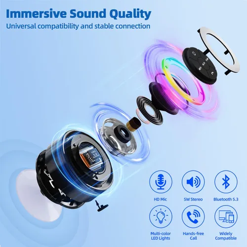 Vista 4 de Altavoz de ducha Bluetooth impermeable IP67, mini altavoz inalámbrico pequeño Bluetooth, altavoz portátil con ventosa, LED y micrófono para baño