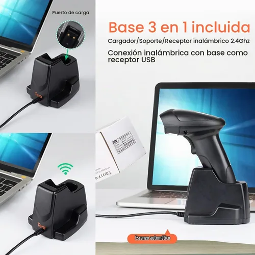 Vista 3 de Tera Escáner de código de barras con cuna de carga: 1D 2D QR lector