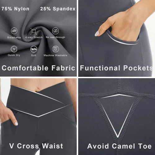 Vista 6 de FireSwan Leggings acampanados cruzados para mujer con bolsillos, corte de bota, cintura alta, pantalones de yoga con control de abdomen, pantalones