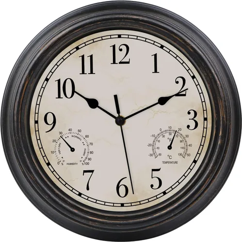 Vista 8 de Reloj de pared retro impermeable de 12 pulgadas para interiores y exteriores, con termómetro e higrómetro, funciona con pilas, reloj de pared
