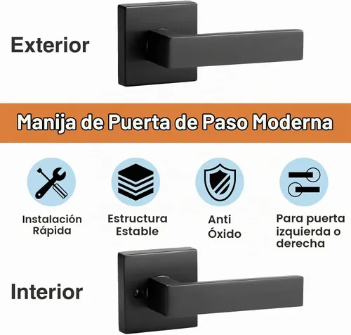 Vista 2 de AEEKEL - Juego de 2 manijas de puerta interior, color negro mate, cuadradas, sin bloqueo, para pasillo o armario, manijas de puerta resistentes sin