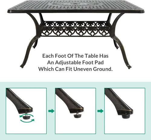 Vista 7 de VIVIJASON Mesa rectangular de comedor para patio al aire libre, mesa de patio grande rústica de aluminio fundido de bronce con agujero para paraguas
