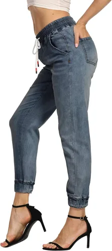 Vista 7 de V VOCNI Pantalones deportivos de mezclilla para mujer, con cordón en la cintura, bolsillos laterales, jeans casuales