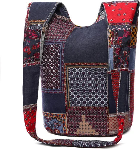 Vista 2 de Bolsa de hombro para mujer, de lona en estilo hippiebohemio para llevar cruzada al hombro, disponible en diferentes colores y estampados