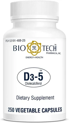 Vista 2 de Bio-Tech Pharmacal D3-5 (5000 UI), 250 cápsulas vegetales - Suplemento totalmente natural - Apoya la salud ósea e inmunológica - Sin lácteos