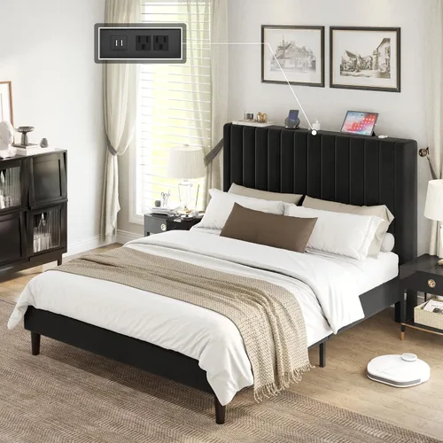 Vista 7 de VanAcc Base de cama tamaño Queen, plataforma tapizada de terciopelo con cabecera capitoné de canal, base de colchón con listones de madera,