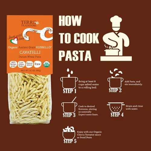 Vista 4 de TERRE E TRADIZIONI Paquete de 6 pastas de trigo italiano orgánico durum, cavatelli – Russelló de grano antiguo siciliano vegano elaborado en Italia.