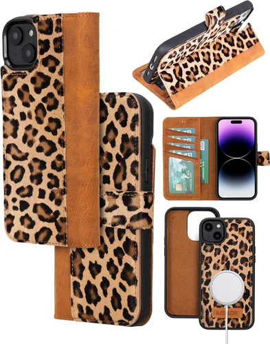 Vista 19 de Bayelon Funda para iPhone 14, funda de cuero de grano completo, [2 en 1], funda magnética desmontable con ranuras para tarjetas, soporte y función