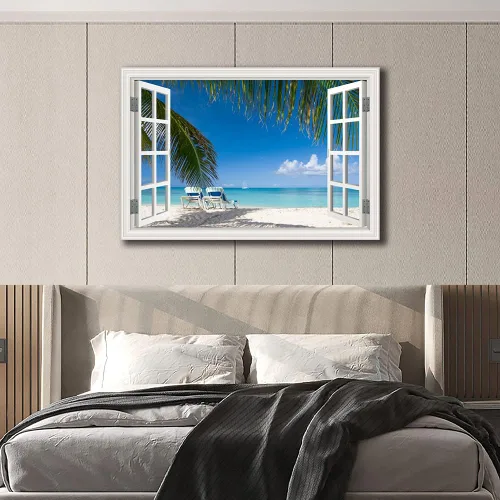 Vista 3 de Cuadro de pared de playa tropical para sala de estar, lienzo estilo marco de ventana, decoración de pared, palmera, impresión artística costera
