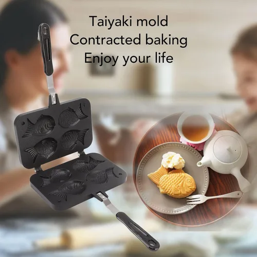 Vista 5 de Taiyaki - Molde para tartas con forma de pez, aleación de aluminio, antiadherente, doble molde para hornear, waffle, para el hogar, bricolaje