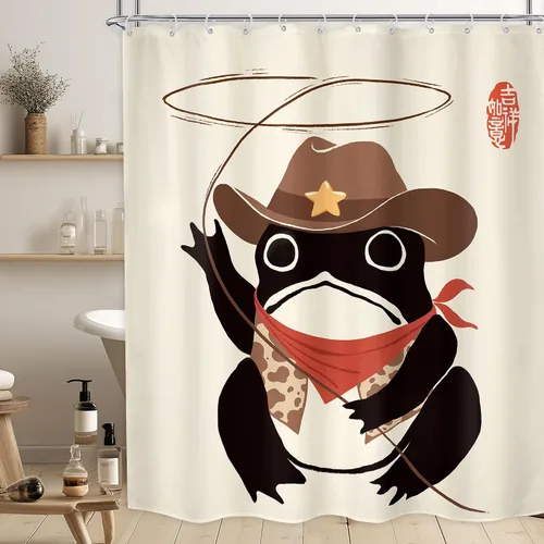 Vista 26 de Juego Divertido de Cortina de Rana Retro para Ducha, Juego de Baño 48x71 Pulgadas, Estilo Asiático Lindo, Arte Japonés Tradicional de Pato de Goma