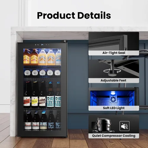 Vista 6 de Yeego Refrigerador de bebidas, mini refrigerador de 105 latas con puerta de vidrio, estantes ajustables, control digital de temperatura para Negro