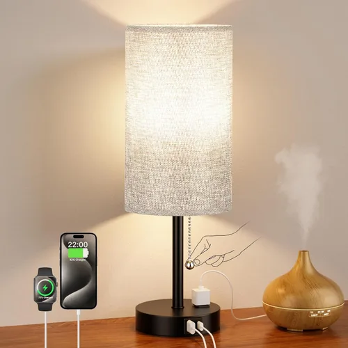 Vista 9 de Juego de 2 lámparas de noche grises para dormitorio, lámpara de mesa de noche con puerto de carga USB A + C, 3 temperaturas de color, cadena