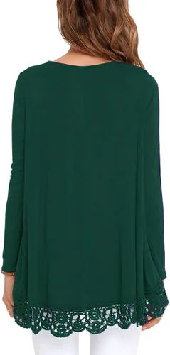 Vista 3 de QIXING Blusa tipo túnica con cuello redondo y ribete de encaje para mujer