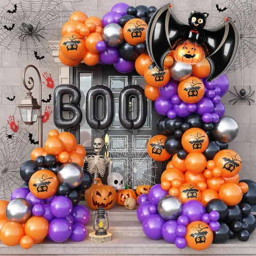 Vista 22 de Kit de arco de guirnalda de globos de Halloween, 116 piezas de arco de globos naranja y negro blanco, globos de papel de aluminio con estrella