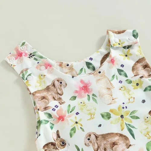 Vista 5 de Traje de Pascua para bebé, niña, niño, estampado de conejo, overol con tirantes a presión, ropa de verano
