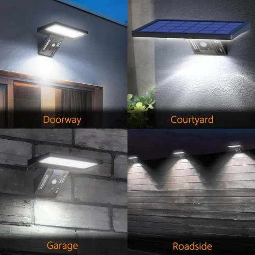 Vista 6 de Lámpara de pared solar para exteriores, 1050 lm IP65 impermeable tipo 2, lente óptica 104 LED, 3 modos de iluminación, luz de pared con sensor