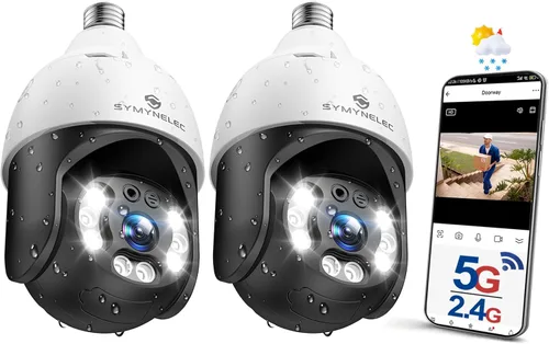 Vista 11 de SYMYNELEC Bombilla de luz para cámara de seguridad al aire libre impermeable 2.5K, enchufe de luz WiFi inalámbrico de 2.4GHz con detección de Solo