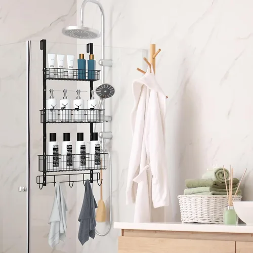 Vista 3 de CADUKE Organizador Negro Sobre la Puerta Organizador Sobre la Puerta Ganchos con Cesta de Almacenamiento Toalleros para Puerta de Baño Estante