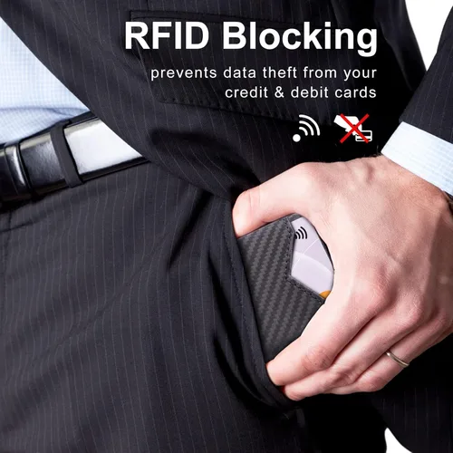 Vista 5 de GSOIAX Cartera delgada para hombre, con bloqueo RFID, carteras plegables para hombres, minimalista, de cuero auténtico, fibra de carbono, clip