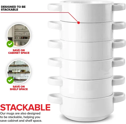 Vista 5 de Modern Innovations Cuencos de sopa de cebolla francesa de 20 onzas con asas en color blanco (juego de 4) aptos para horno y microondas, gres