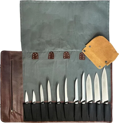 Vista 4 de Rustic Town Rollo de Cuchillos de Chef de Cuero Genuino Rollo de Chef para Todo Propósito Gris (Chocolate Grey)