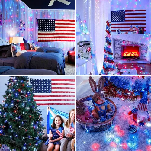 Vista 7 de JMEXSUSS - Paquete de 2, luces LED rojas, blancas y azules de 100, 10 metros, cadena de luces del 4 de julio para exteriores, 8 modos de luces
