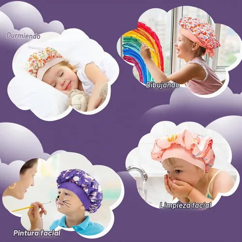 Vista 3 de Lolalet 2 piezas de cofias para niñas, cofia reversible de seda para dormir, cofia de satén con banda elástica ancha - Morado y Rosa A -Púrpura+Rosa