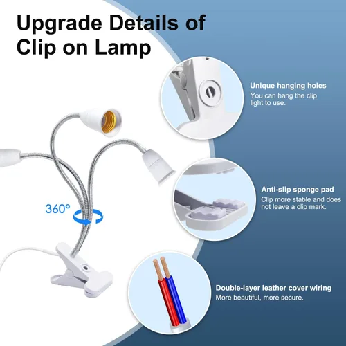 Vista 4 de Soporte de lámpara de aluminio flexible con clip para el cuello, enchufe ajustable 360, accesorio de luz de abrazadera E26/E27 con interruptor