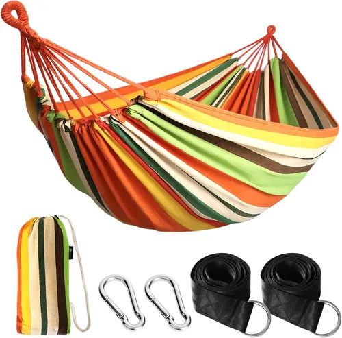Vista 10 de Anyoo - Hamaca de algodón para jardín, con correas para colgar, hasta 660 libras, hamaca portátil con bolsa de viaje, perfecta para acampar al aire