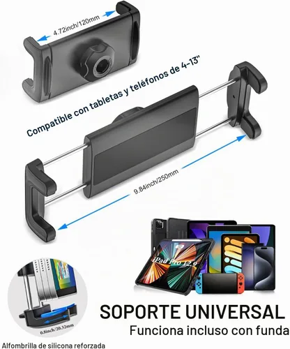 Vista 9 de Soporte para tableta de bicicleta, abrazadera para manillar, brazo de metal antivibración, soporte universal para iPad para cinta de correr