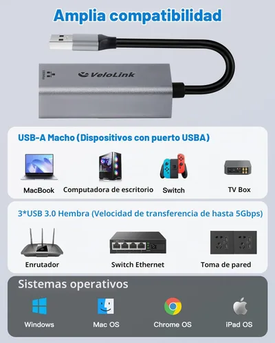 Vista 4 de Adaptador USB A a Ethernet, USB gigabit 1000Mbps Plug and Play con USB 3.0, sin controlador, dongle de red LAN RJ45 compatible con Nintendo Switch